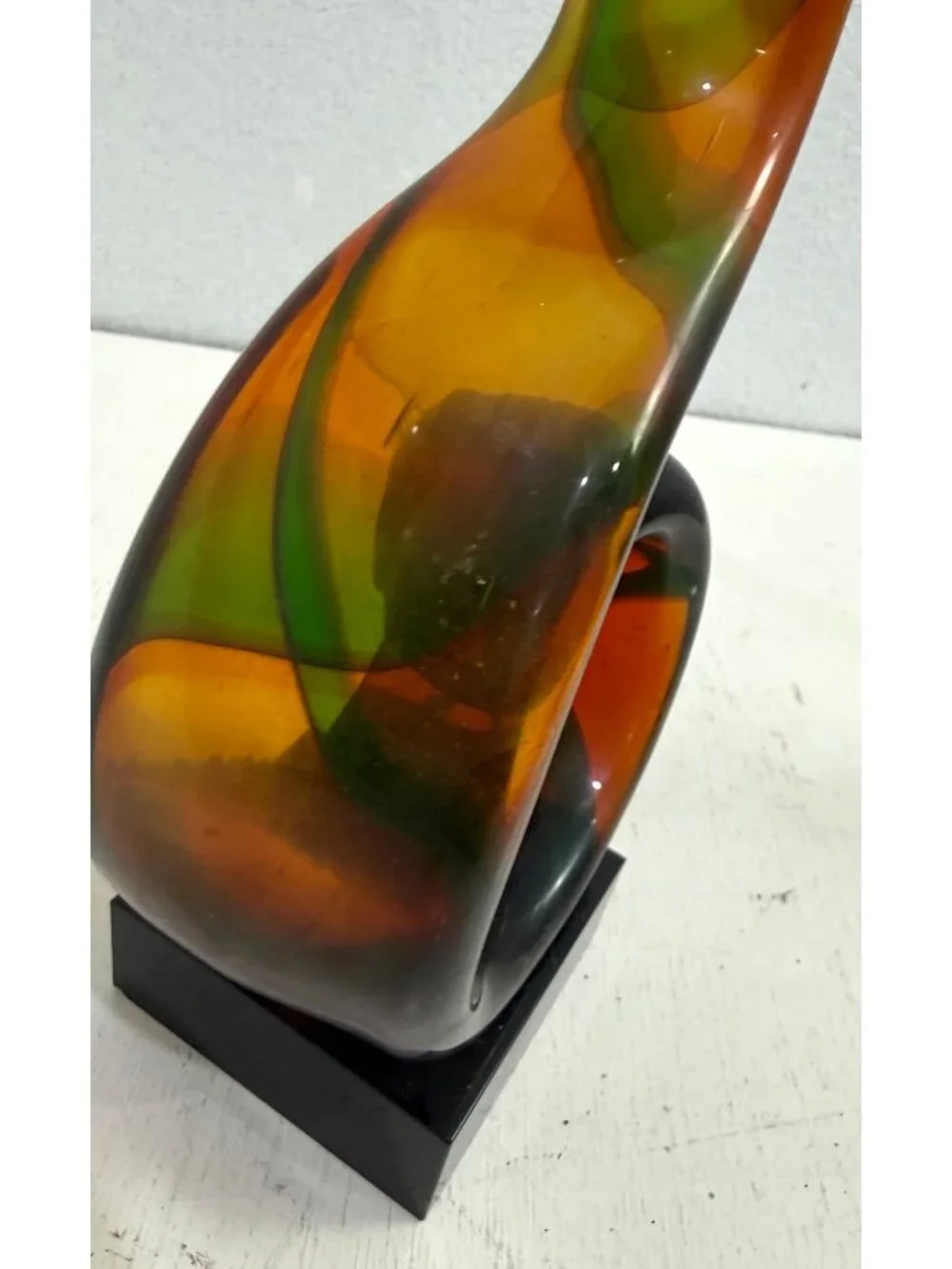 Murano Style Art Heavy Glass Swirl Music Abstract Sculpture Amber Green 14” VTG